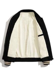 Men's Long Sleeve Fashionable Casual Warm Thermal Lined Letter Embroidered Jacket, For Fall Winter - Black - View 4