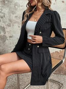 EMERY ROSE Striped Print Double Breasted Blazer & Skirt Fall Cloth For Women - Black - View 6