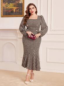 Modelyn Plus Size Floral Print Square Neck Lantern Sleeve Dress With Ruffle Hem - Multicolor - View 3