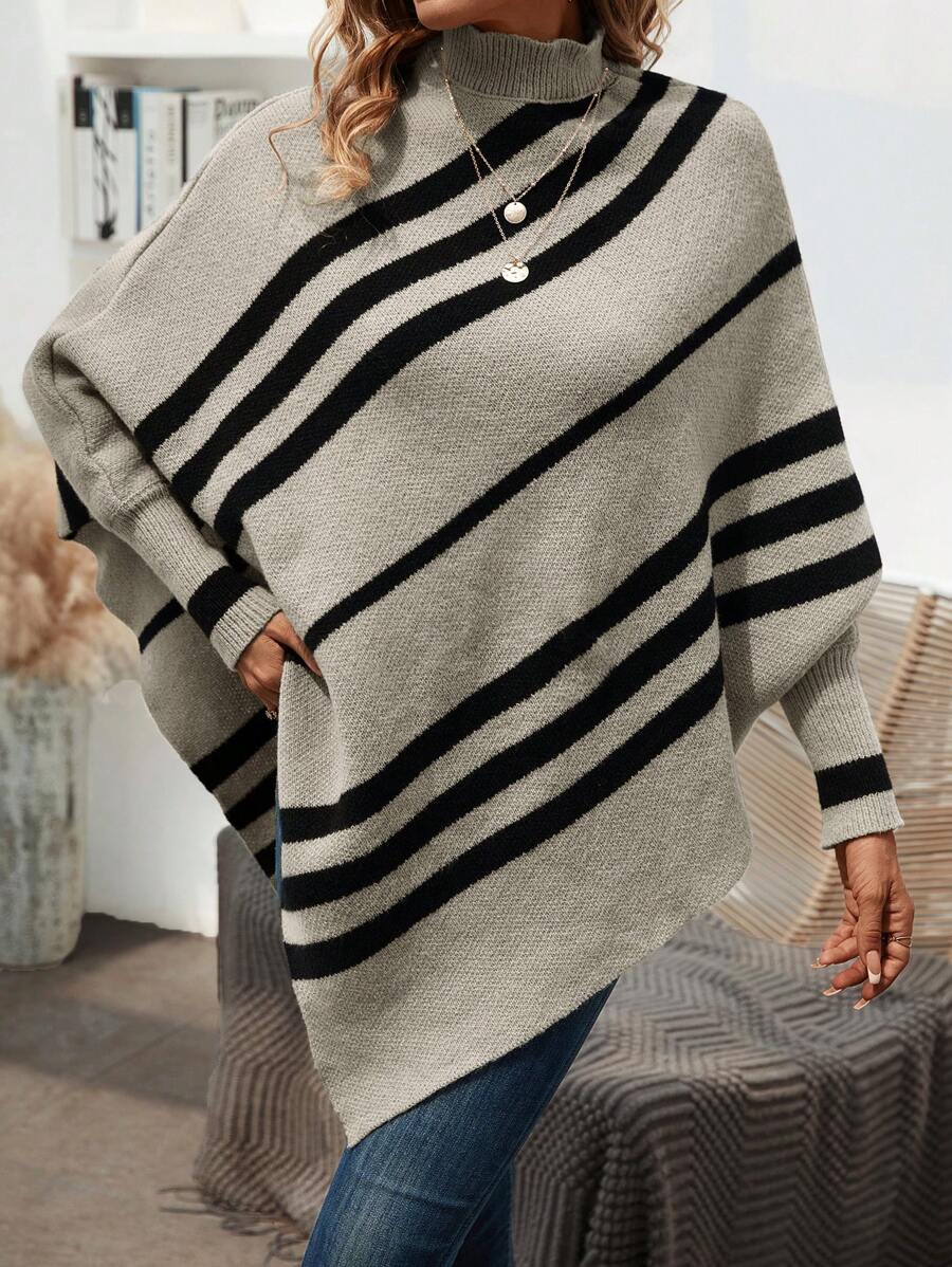 SHEIN LUNE Striped Pattern Mock Neck Batwing Sleeve Poncho Sweater - Multicolor - View 1