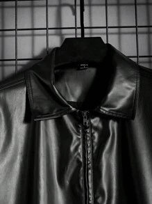 Manfinity Homme Men's Solid Color Zipper Pu Leather Jacket - Black - View 8