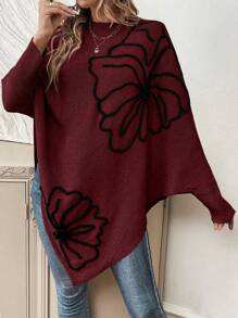 SHEIN LUNE Floral Pattern Batwing Sleeve Asymmetrical Hem Poncho Knit Pullover Fall Winter Sweater - Burgundy - View 3