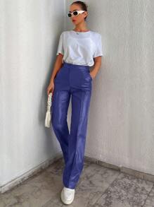 RueChic Seam Front Straight Leg Pants - Blue - View 4