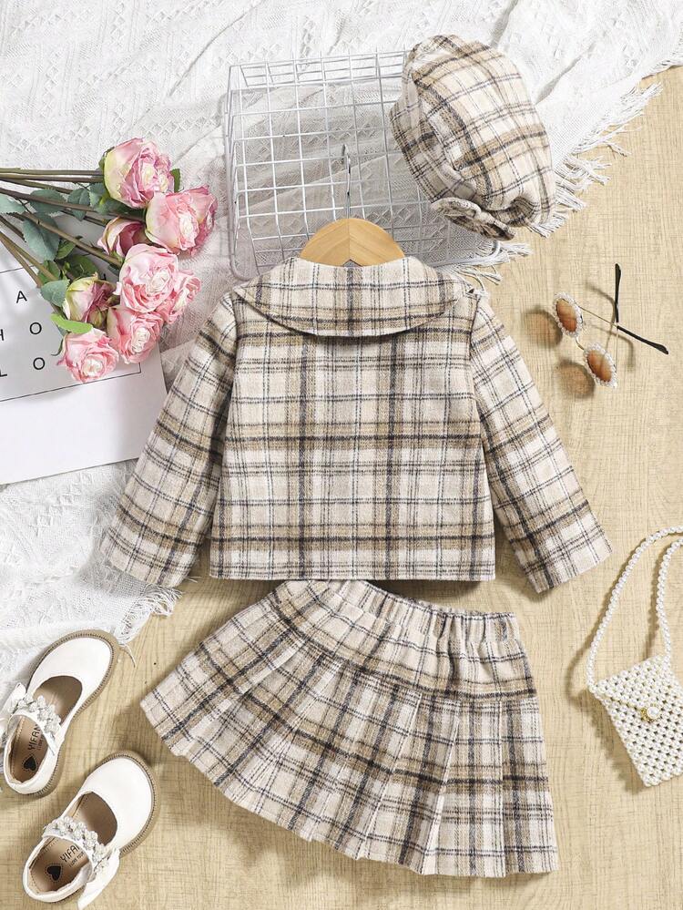 Baby Girls' Vintage Plaid Peter Pan Collar Coat, Pleated Skirt, And Hat Set