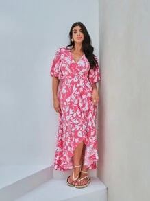 SHEIN In Toàn bộ áo tay bướm Viền không đối xứng Đầm - Hồng - Xem 5
