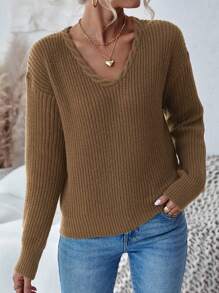 SHEIN LUNE Suéter de Tricô com Ombros Caídos Sólido para Outono e Inverno - Caqui - Visão 4