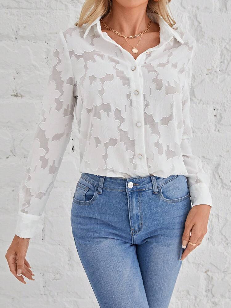 Jacquard Button Front Shirt Summer White Casual