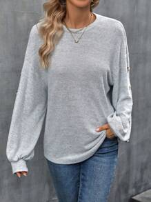 女式細節鈕扣落肩t恤 - 灰色 - 查看 6