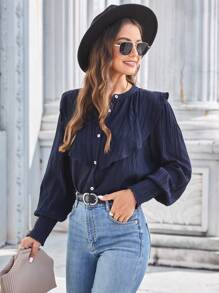 SHEIN Frenchy 素色荷葉邊前紐扣襯衫 - 藏蓝色 - 查看 4