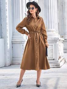 SHEIN Clasi 素色腰部抽繩前紐扣襯衫洋裝 - 咖啡棕 - 查看 5