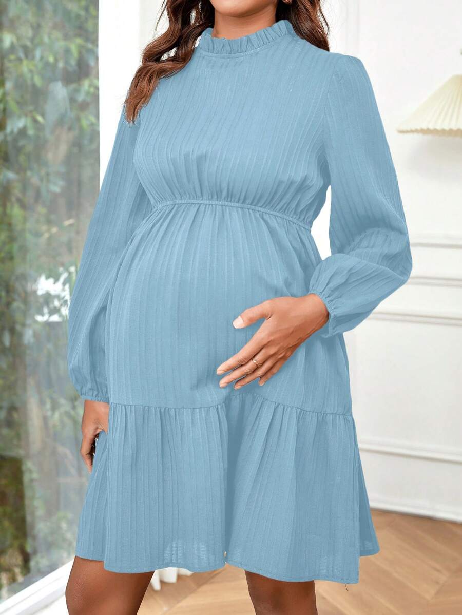 SHEIN Maternity Frill Edge Collar & Frill Hem Midi Dress - Blue - View 1