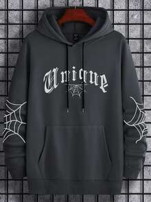 Manfinity LEGND Men Letter & Spider Web Graphic Kangaroo Pocket Drawstring Hoodie - Dark Grey - View 4