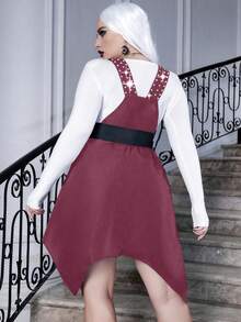 PUNK Plus Lace Up Front Asymmetrical Hem Overall Dress Without Tee - Burgundy - View 2