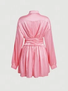 SHEIN MOD 落肩袖抽褶腰襯衫洋裝帶系帶 - 粉色 - 查看 2
