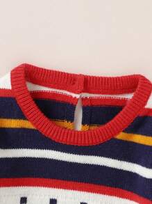 Baby Girl Heart & Striped Pattern Keyhole Back Sweater Dress - White - View 3