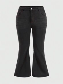 ROMWE Grunge Punk Women's Plus Size Flared Jeans With Cross Embroidery - Black - View 2