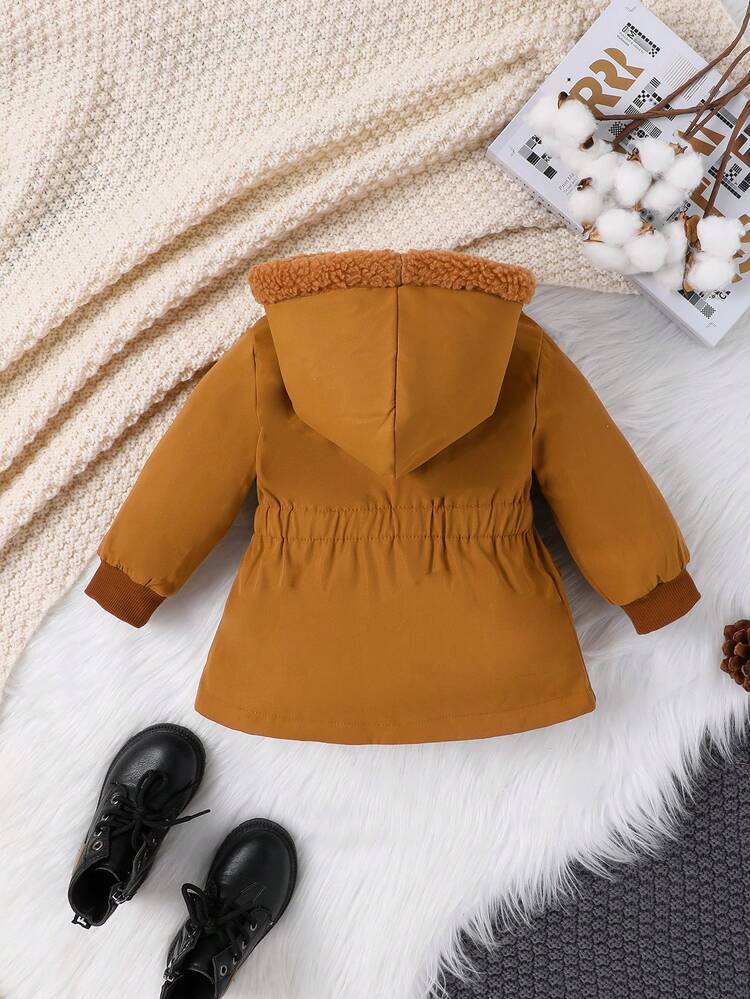 Baby Girl Flap Pocket Teddy Lined Hooded Jacket
