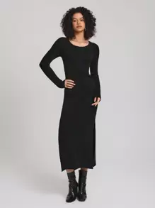 LUSINE BONFIELD Váy len xẻ đùi thanh lịch màu đen trơn của nhà thiết kế, dành cho ngày lễ, tiệc tùng, kỳ nghỉ, trang phục sinh nhật, lễ hội, phù hợp với Ibiza, đám cưới, váy dạ hội - màu đen - Xem 5