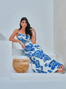 Vestido Largo Con Amarre En La Parte Posterior Y Flores Azules - Azul y blanco - Ver 5