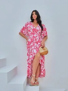 SHEIN In Toàn bộ áo tay bướm Viền không đối xứng Đầm - Hồng - Xem 3