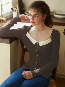 SHEIN LUNE Áo len chui đầu dệt kim gân sọc phối màu tương phản, cài cúc phía trước, thích hợp cho mùa thu đông. - Màu Khaki - Xem 8