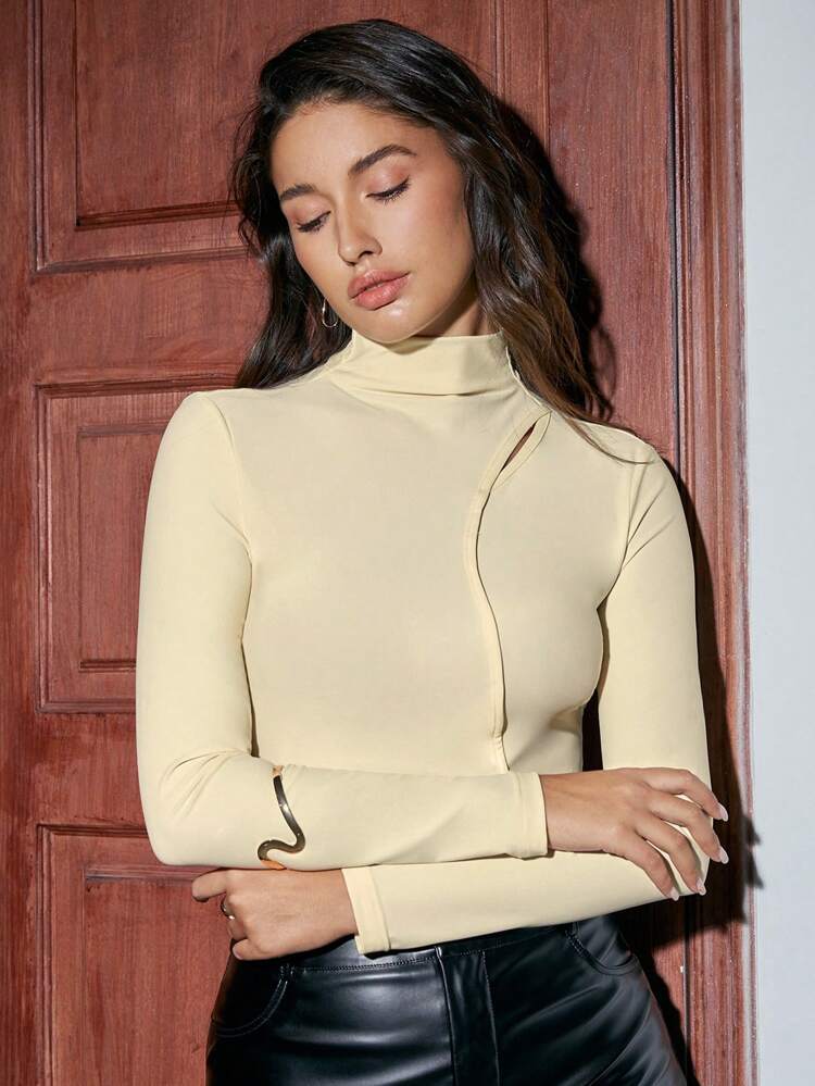 Mock Neck Cut Out Tee Fall Cloth For Women