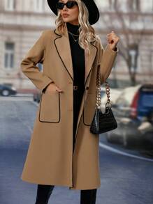 SHEIN Frenchy Contrast Color Rolled Edge Woolen Coat With Double Pockets - Camel - View 3