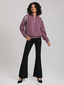 YI HSUAN Designer Contrast Graphic Print Half Zip Drop Shoulder Plush Sweatshirt - Multicolor - View 5