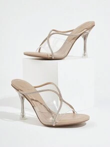 透明鞋面婚禮派對女士高跟拖鞋,圓頭,鑲有鑽石的鞋面 - 杏色 - 查看 1