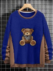Manfinity Homme Men Bear Flocking Colorblock Contrast Panel Fuzzy Sweatshirt - Royal Blue - View 1