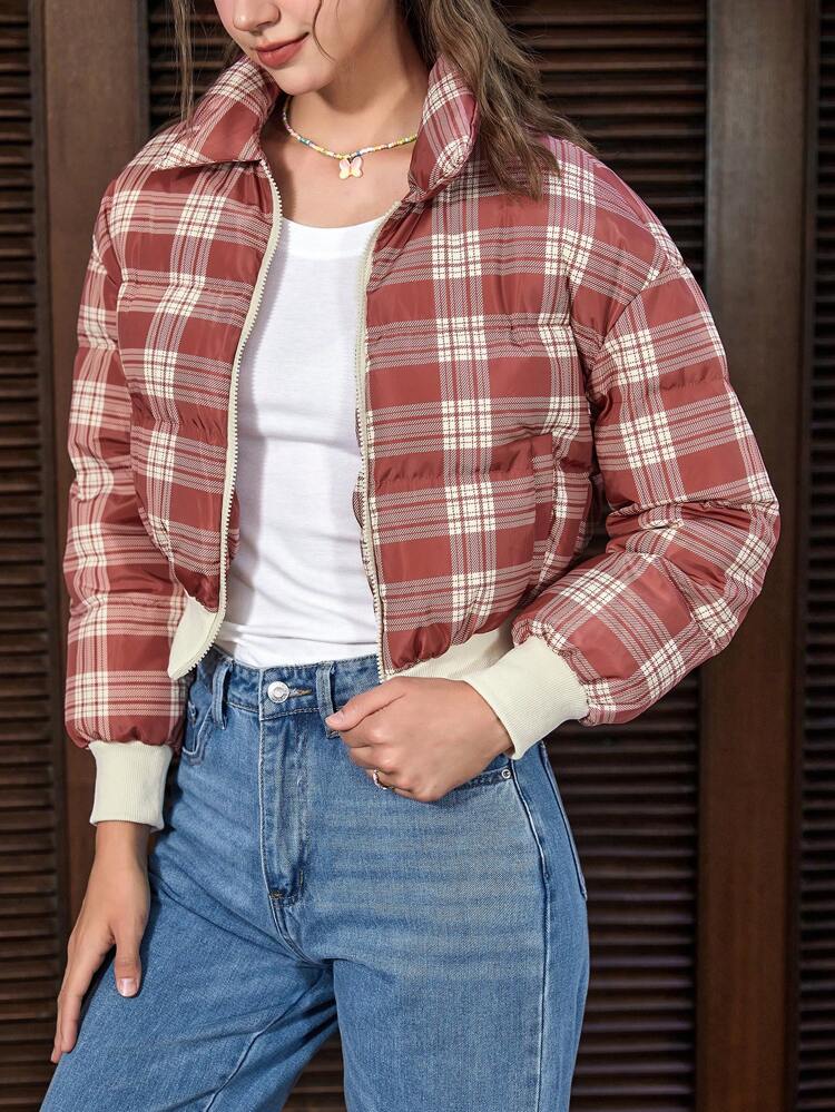 Plaid Print Zip Up Crop Padded Coat