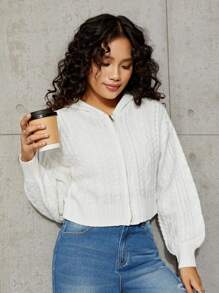 SHEIN Teen Girl Cable Knit Drop Shoulder Hooded Cardigan - White - View 1