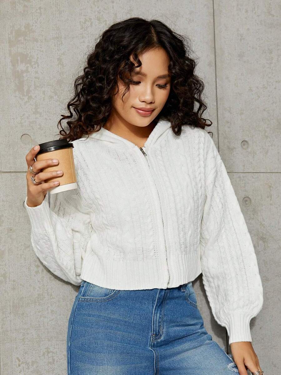 SHEIN Teen Girl Cable Knit Drop Shoulder Hooded Cardigan - White - View 1