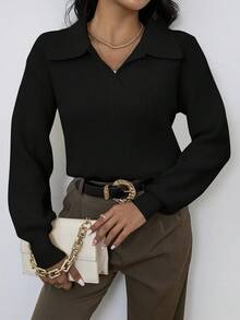 SHEIN Privé Chất rắn Đồ đan Ribbed Thả vai Áo len - màu đen - Xem 5