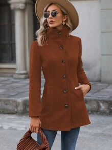 SHEIN Clasi Abrigo unicolor con botón delantero - Marrón - Ver 2