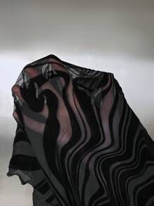 SHEIN ICON 大碼大理石圖案大圓領網紗薄透上衣 - 黑色 - 查看 6