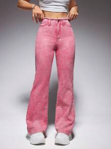 SHEIN EZwear 毛邊緣牛仔喇叭褲 - 粉色 - 查看 1