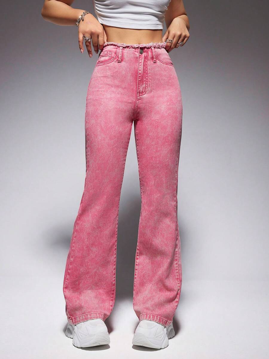 SHEIN EZwear 毛邊緣牛仔喇叭褲 - 粉色 - 查看 1