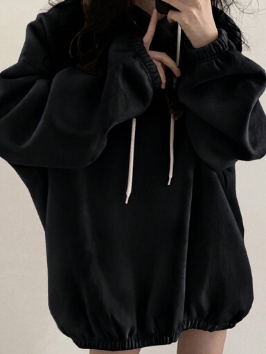 DAZY ルーズフィット ドロップショルダー 紐付きパーカー レディース、七分袖トップス、秋服スウェットシャツ