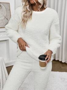 SHEIN LUNE 素色落肩袖絨毛衛衣和褲子 - 白色 - 查看 5
