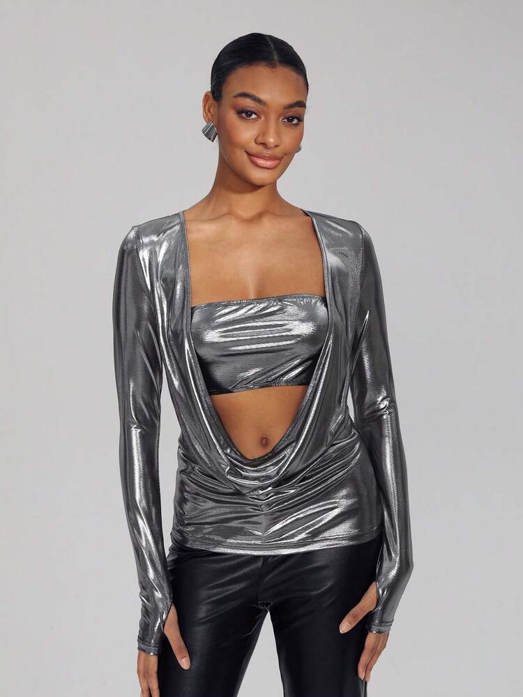 Designer Women Draped Front Metallic Top, For Holiday, Going Out, Festival