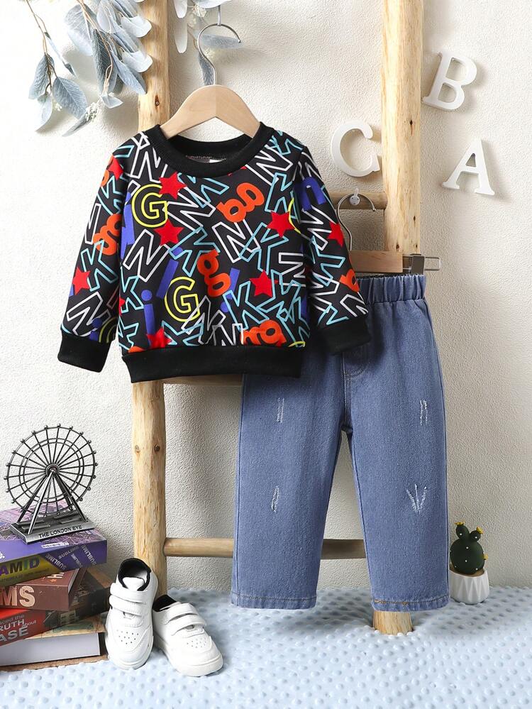 2pcs/set Baby Boys' Casual Letter Print Long Sleeve Outfit, Suitable For Daily Wear In Autumn And Winter