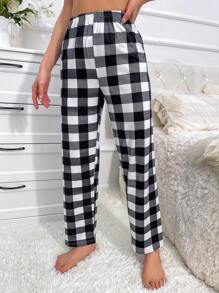 Buffalo Plaid Print Pajama Sleep Pants - Black and White - View 1