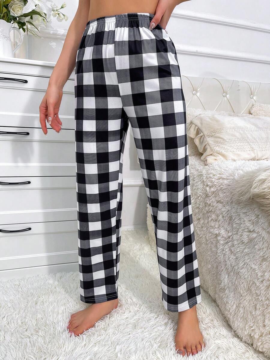 Buffalo Plaid Print Pajama Sleep Pants - Black and White - View 1