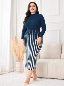Modelyn Plus Size Women's Striped Bodycon Sweater Dress - Royal Blue - View 4