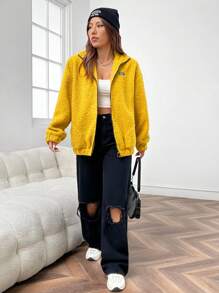 SHEIN EZwear Women's Yellow Fleece Alphabet Patchwork Jacket - Yellow - View 3