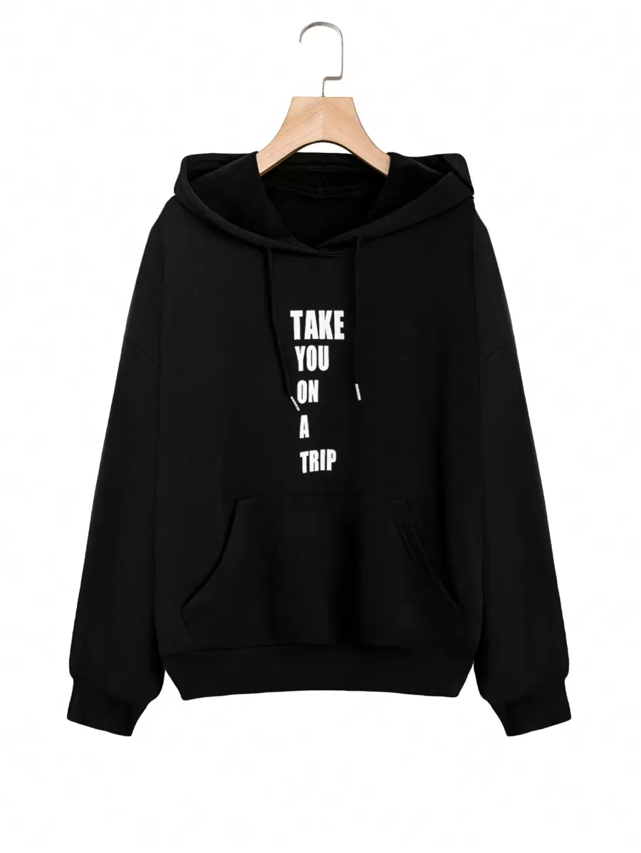 SHEIN LUNE Plus Size Slogan Graphic Kangaroo Pocket Drawstring Sweatshirt - Black - View 1