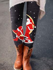Christmas Santa Claus Print Leggings - Black - View 1