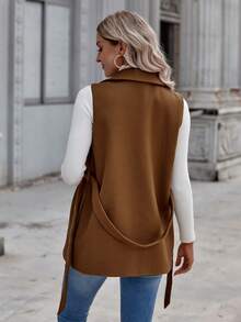 EMERY ROSE Shawl Collar Belted Vest Overcoat - Camel - View 2