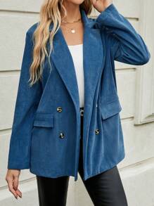 SHEIN LUNE 西裝領雙排釦燈芯絨西裝外套 - 藍色 - 查看 5
